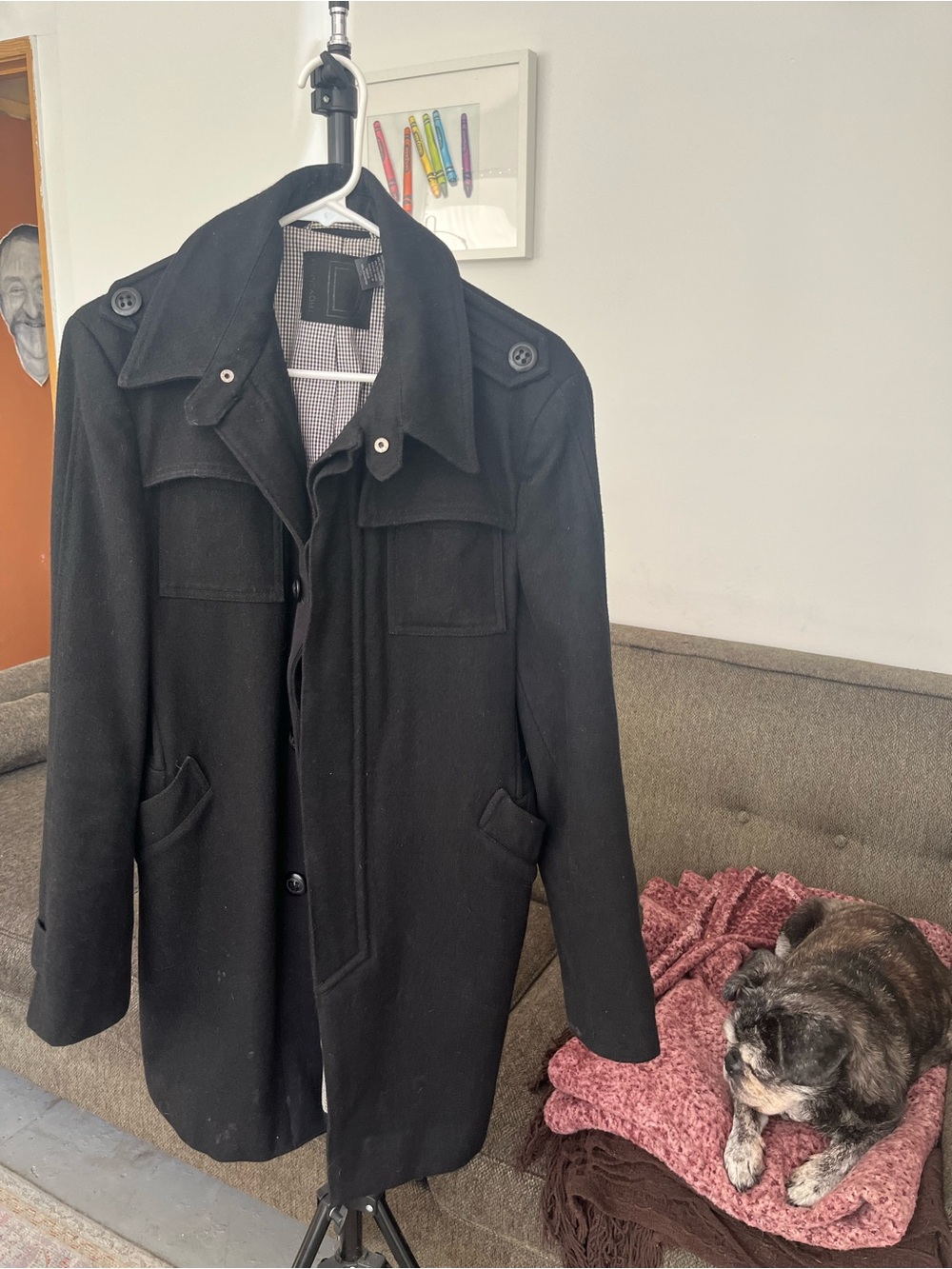 Men's Black Military-Style Wool Pea Coat
